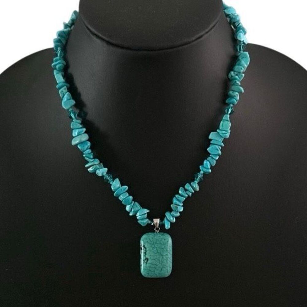 Vtg Ice Cold Beaded Necklace Women's 17" Turquoise Chip & Polished Stone Pendant